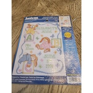 Janlynn Stamped Cross Stitch Kit Sleepy Bunnies Birth Sampler 2000 #54-64 Vtg